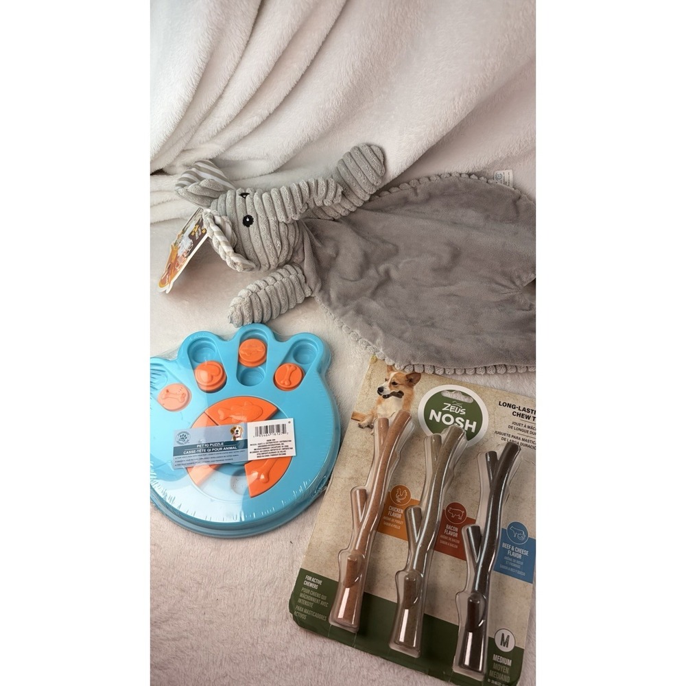 Ultimate Pet Enrichment Bundle: Zeus Nosh 3-Pk Chew Sticks Treat Puzzle Squeaky